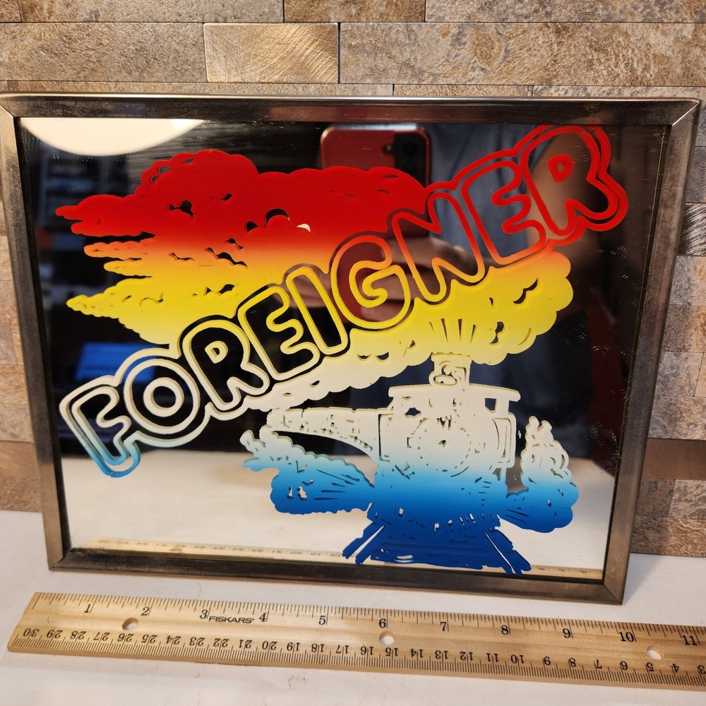 Vintage Foreigner Band Carnival Mirror Glass Art Train Logo 8x10 Silver Frame